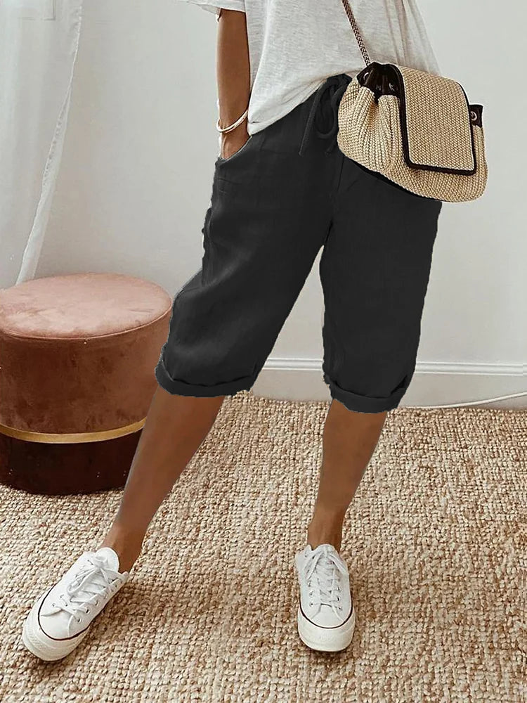 Pantalón de algodón y lino con cintura elástica y bolsillos – EMELYN
