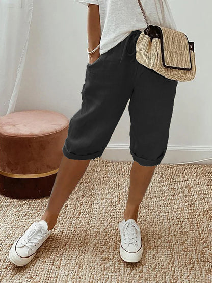 Pantalón de algodón y lino con cintura elástica y bolsillos – EMELYN