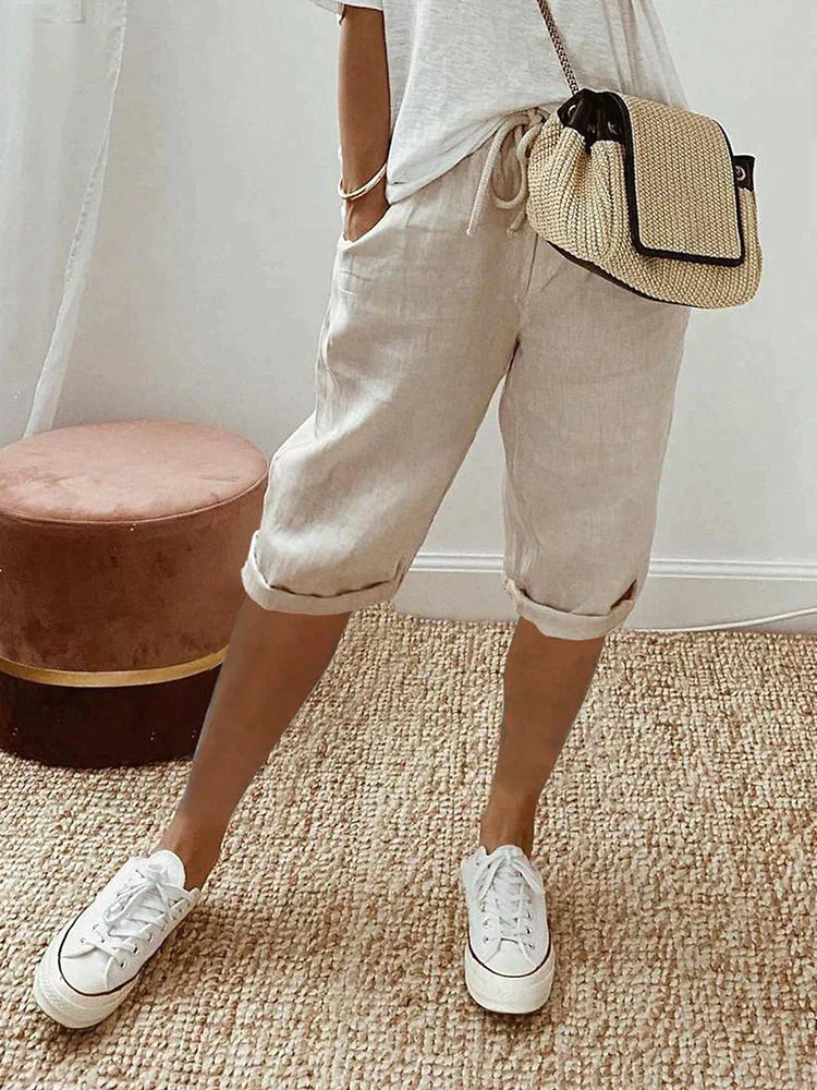 Pantalón de algodón y lino con cintura elástica y bolsillos – EMELYN