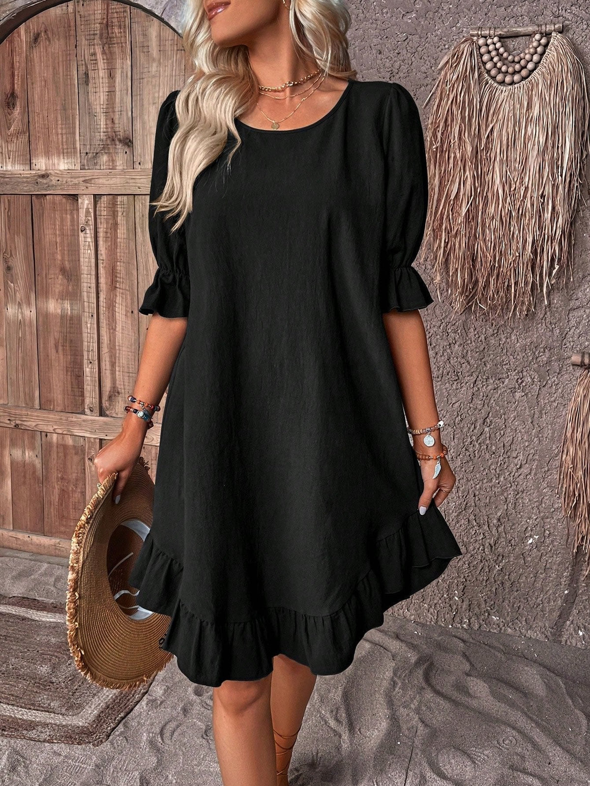 EMMA – Vestido mini de lino con volantes y mangas abullonadas para mujer