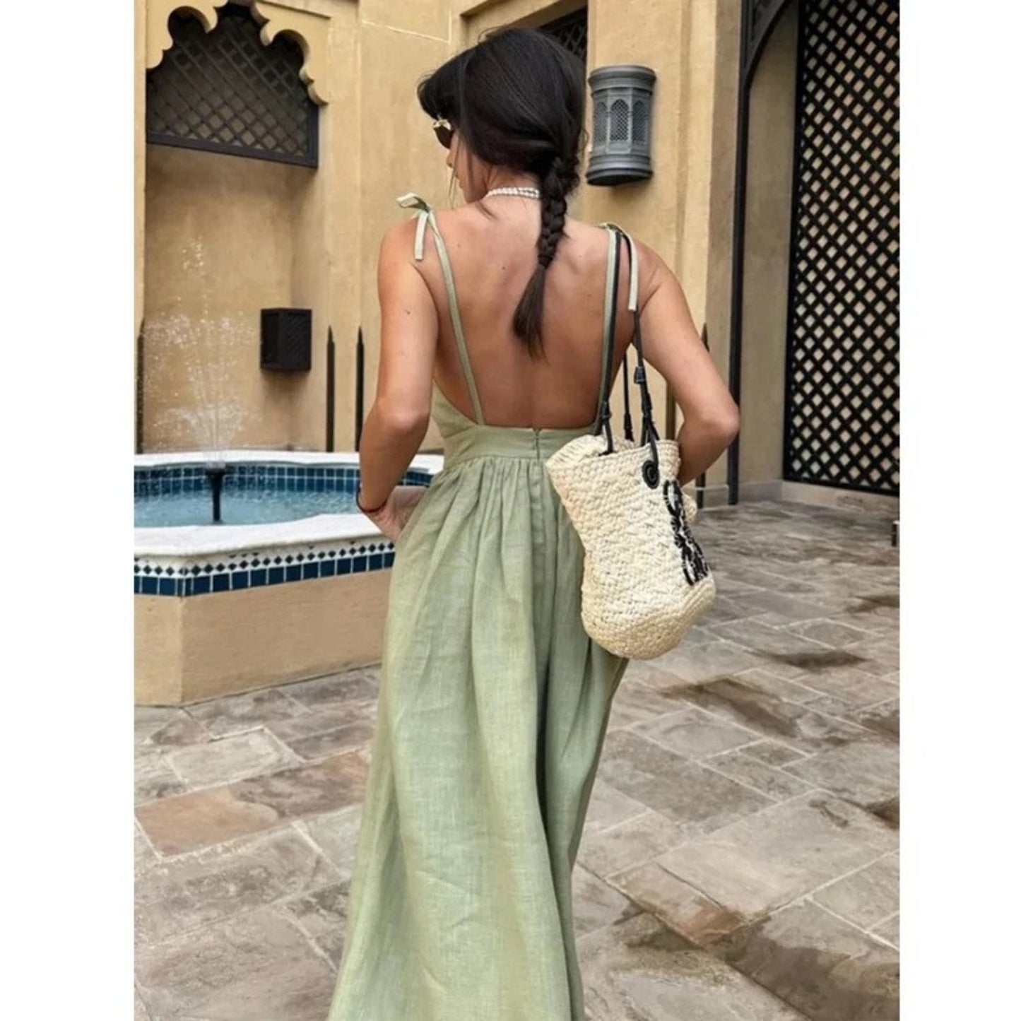 MARCELA – Vestido largo de lino sin mangas con espalda abierta y lazo ajustable