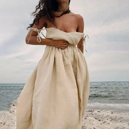 ELISA – Vestido largo de lino sin mangas con espalda abierta y lazo ajustable para mujer
