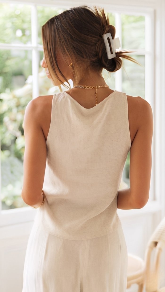 MILA – Conjunto de lino con top de escote en V y pantalones de pierna ancha para mujer