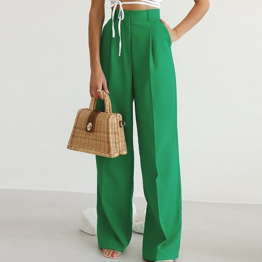 ALEJANDRA – Pantalones anchos de lino de talle alto con pliegues elegantes para mujer