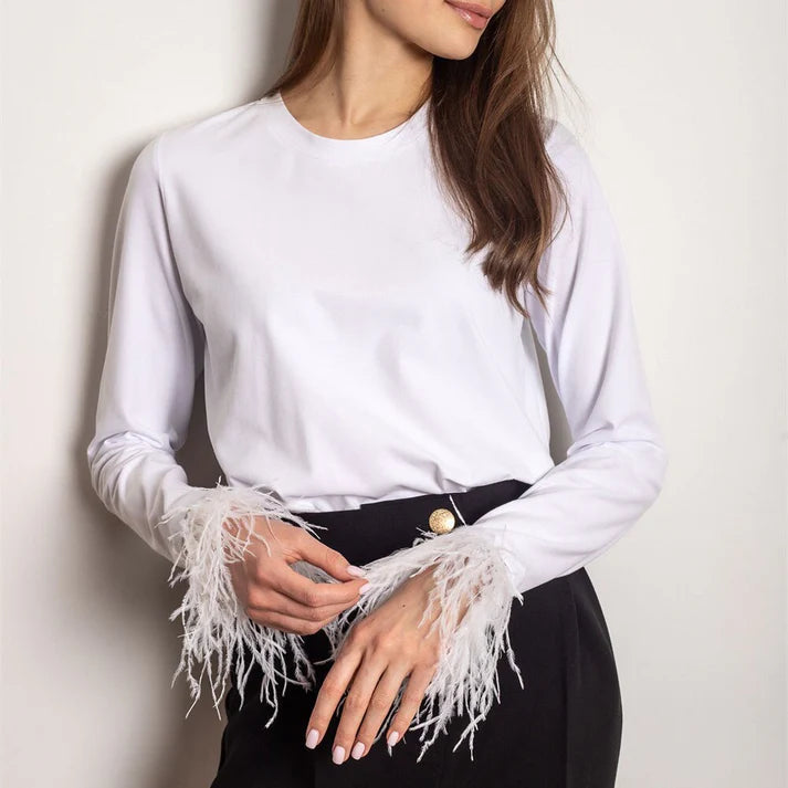 GEMMA – Top de manga larga con plumas para mujer