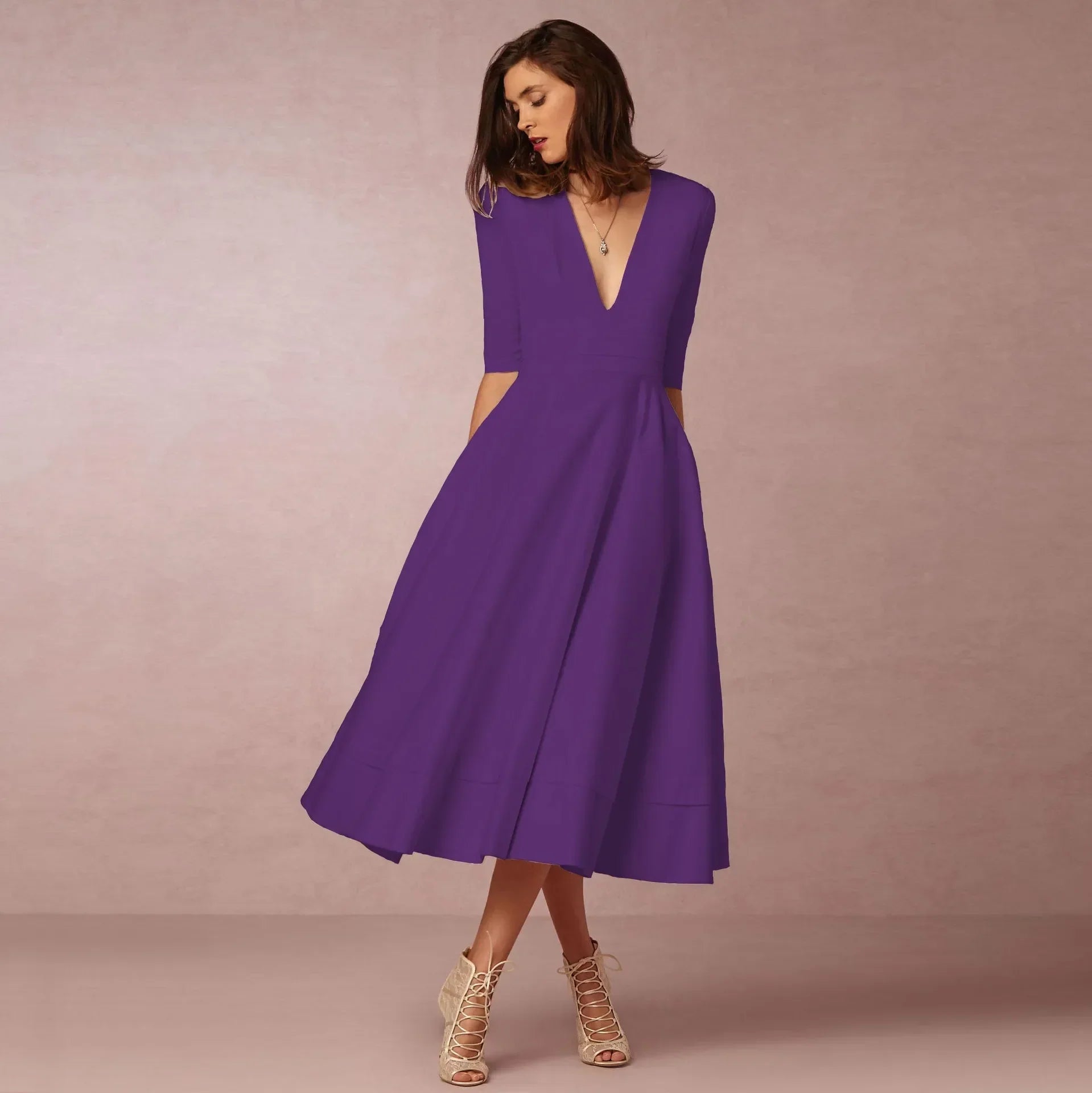 Mariela | Vestido Midi con Escote en V y Mangas al Codo | Elegante y Cómodo para Ocasiones Especiales - Noa Lagos