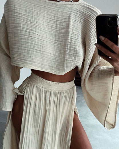 Conjunto veraniego de top corto y falda larga fluida para mujer – AURA