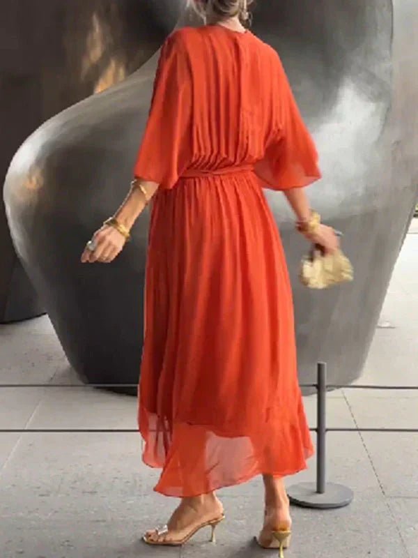 NAELLA | Vestido Midi Elegante para Mujer con Cinturón y Escote en V | Ideal para Eventos Especiales - Noa Lagos