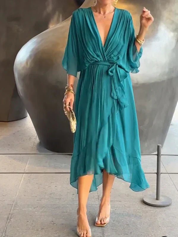 NAELLA | Vestido Midi Elegante para Mujer con Cinturón y Escote en V | Ideal para Eventos Especiales - Noa Lagos