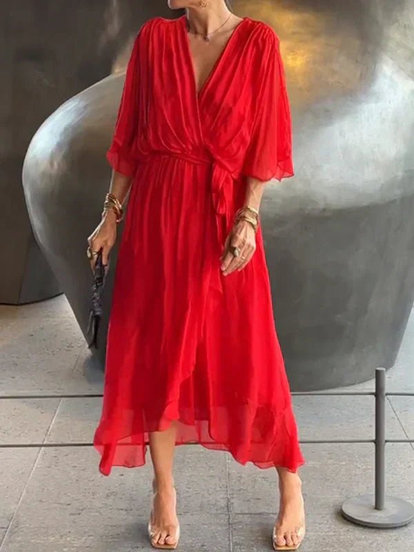 NAELLA | Vestido Midi Elegante para Mujer con Cinturón y Escote en V | Ideal para Eventos Especiales - Noa Lagos