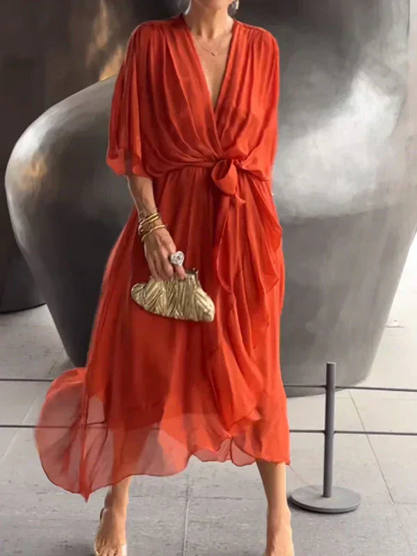 Vestido cruzado midi con cinturón y escote en pico – NAELLA
