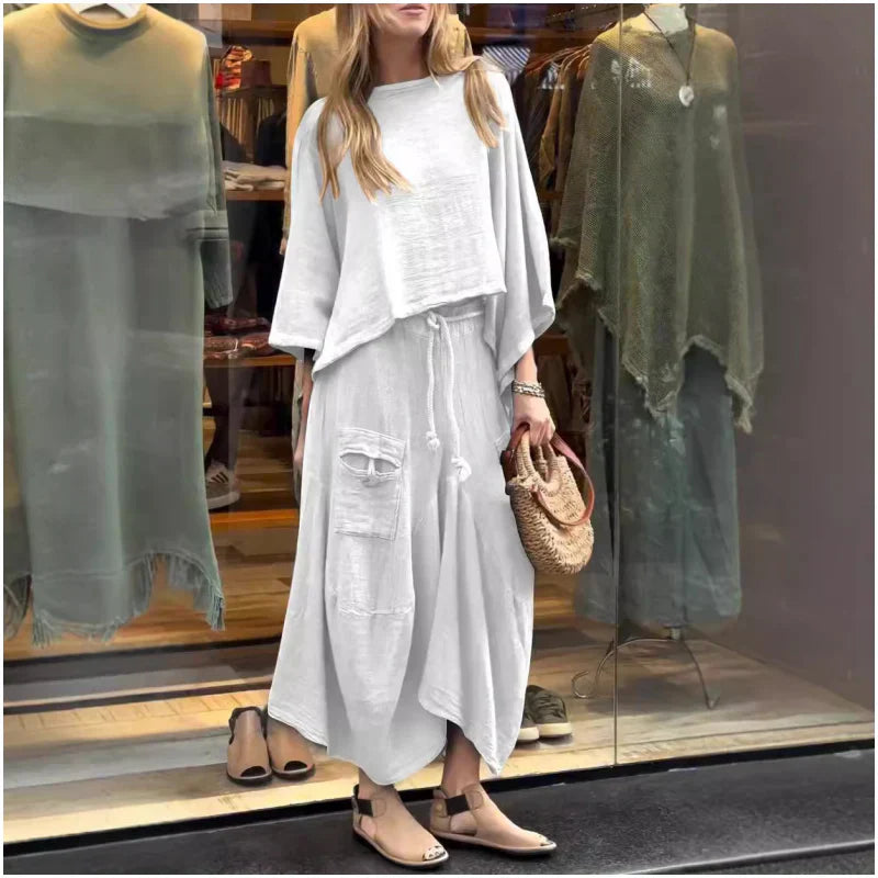 Conjunto femenino de dos piezas cómodo y elegante con top suelto y falda midi – ELIANNE