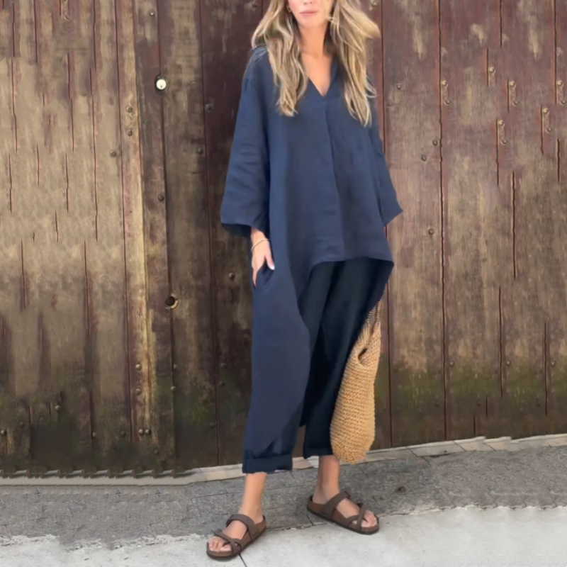 Conjunto de verano de dos piezas con top sin mangas y pantalón fluido – JUNA