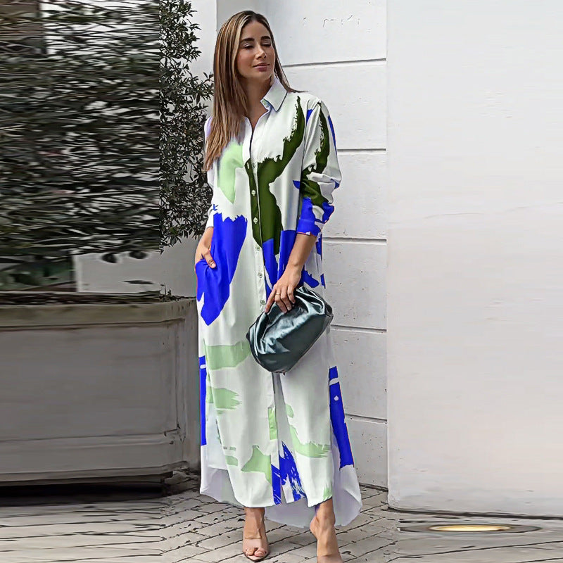 Vestido largo con estampado elegante y mangas flotantes – ISABELLE