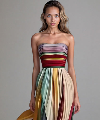 Vestido palabra de honor con plisado y bloques de color – SOLÉA
