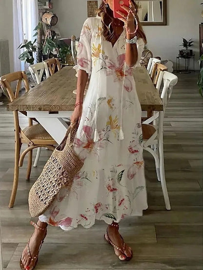 Vestido largo floral con cuello camisero y lazo en la cintura – FLORA LÉNA