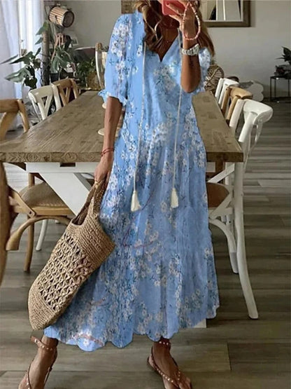 Vestido largo floral con cuello camisero y lazo en la cintura – FLORA LÉNA