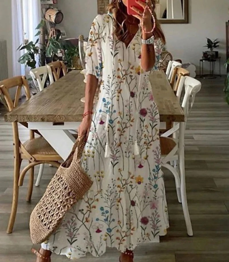 Vestido largo floral con cuello camisero y lazo en la cintura – FLORA LÉNA