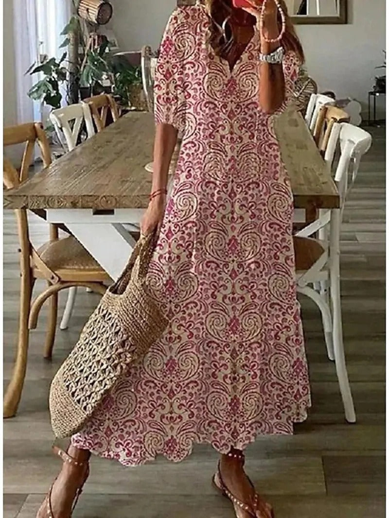 Vestido largo floral con cuello camisero y lazo en la cintura – FLORA LÉNA