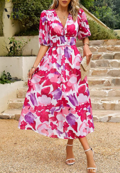Florelle – Vestido midi floral con escote en V para invitada de boda