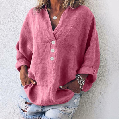 MARÍA – Blusa de lino con botones, escote en V y mangas largas con vuelta para mujer