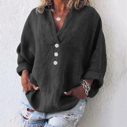 MARÍA – Blusa de lino con botones, escote en V y mangas largas con vuelta para mujer