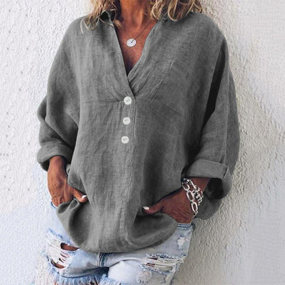 MARÍA – Blusa de lino con botones, escote en V y mangas largas con vuelta para mujer