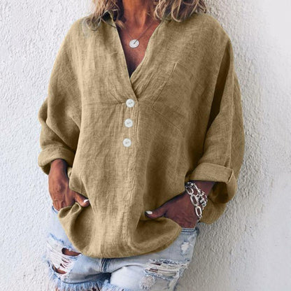 AMANDA – Blusa de lino con botones, escote en V y mangas largas ajustables para mujer