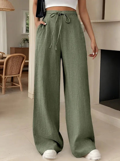 CARLA – Pantalones anchos de lino de talle alto con cordón ajustable para mujer
