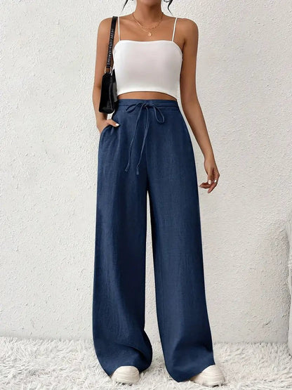 SOFÍA – Pantalones anchos de lino de talle alto con cordón ajustable para mujer
