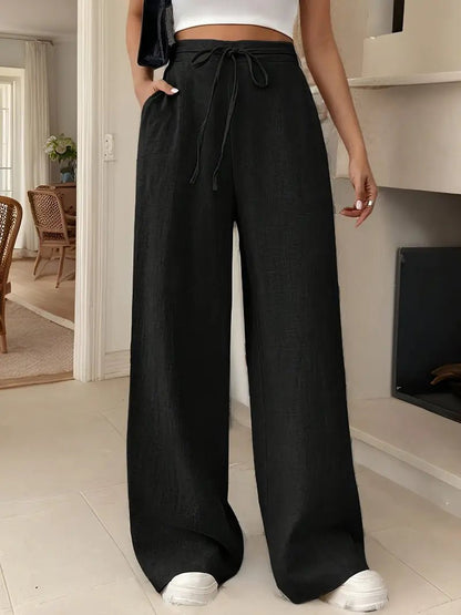 SOFÍA – Pantalones anchos de lino de talle alto con cordón ajustable para mujer