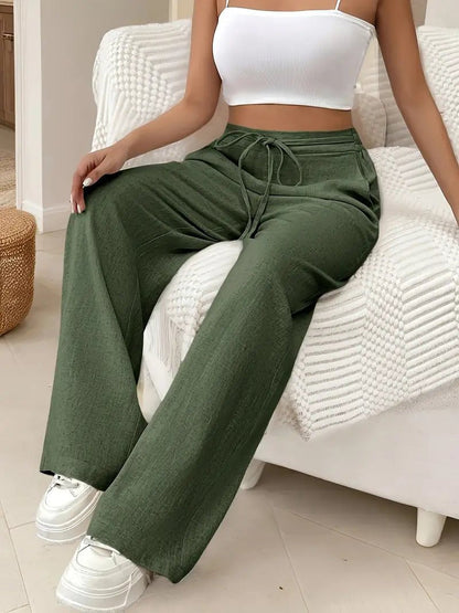 CARLA – Pantalones anchos de lino de talle alto con cordón ajustable para mujer